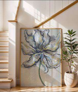 Elegant blue and green abstract floral artwork with flowing lines