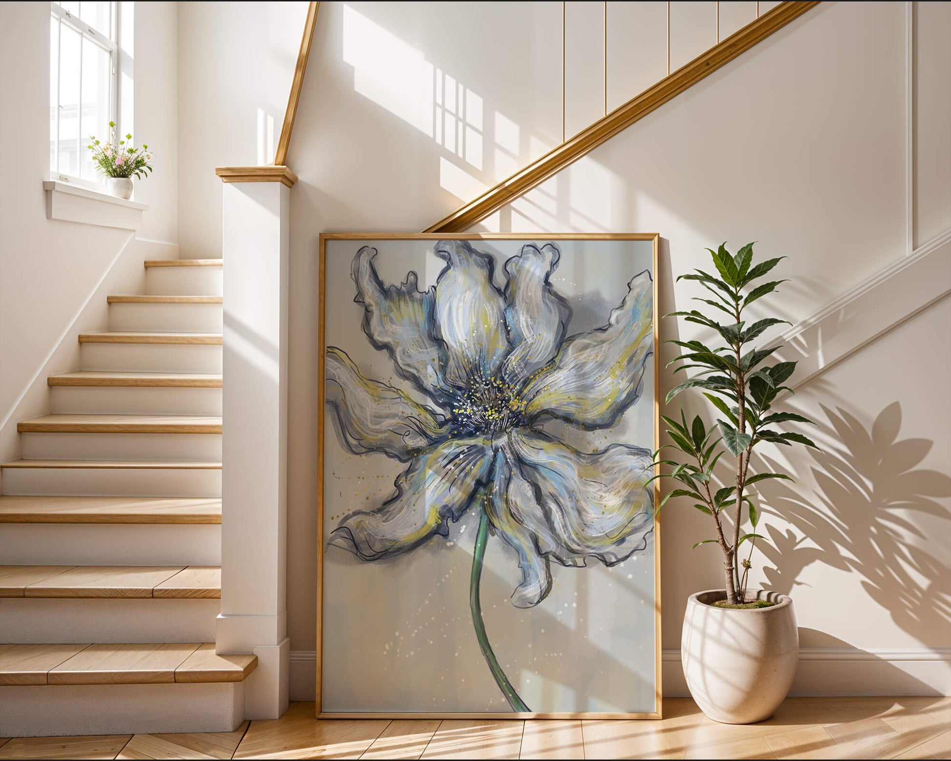 Elegant blue and green abstract floral artwork with flowing lines
