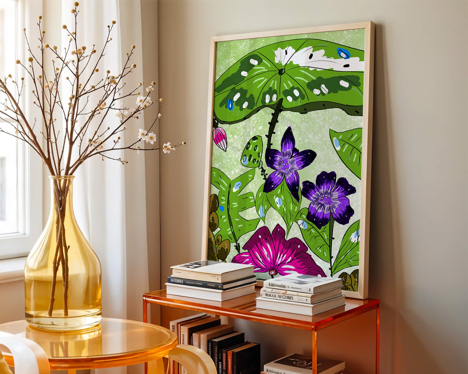 Bunte Blumenillustration mit exotischen Blumen und Blättern
