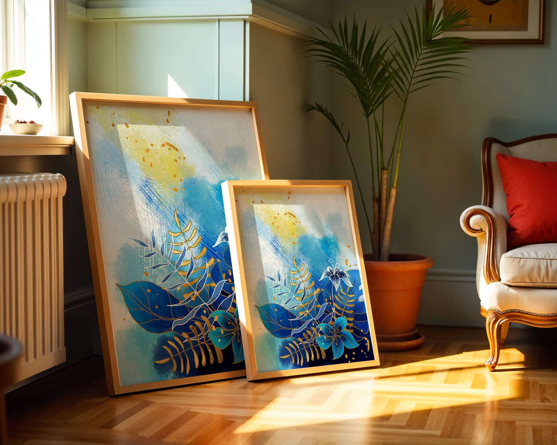 Floral illustration with blue leaves and golden accents on abstract background