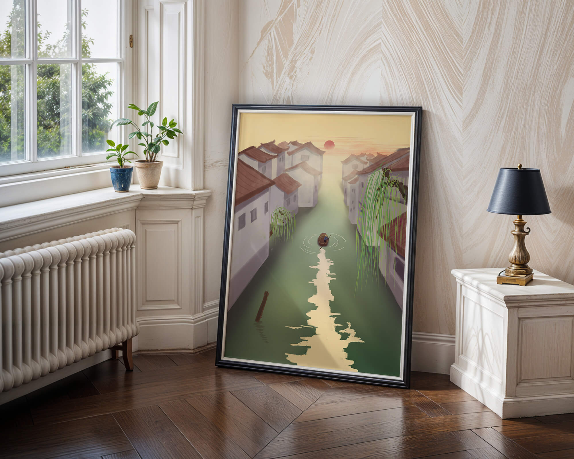 Tranquil river scene with traditional architecture and sunset