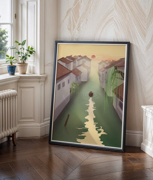 Escena de río tranquilo con arquitectura tradicional y atardecer