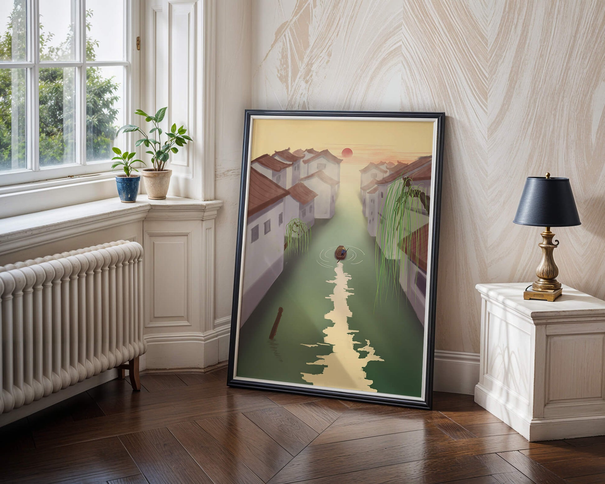 Tranquil river scene with traditional architecture and sunset