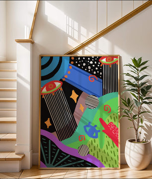 Œuvre d'art psychédélique abstraite colorée avec des formes géométriques et des yeux