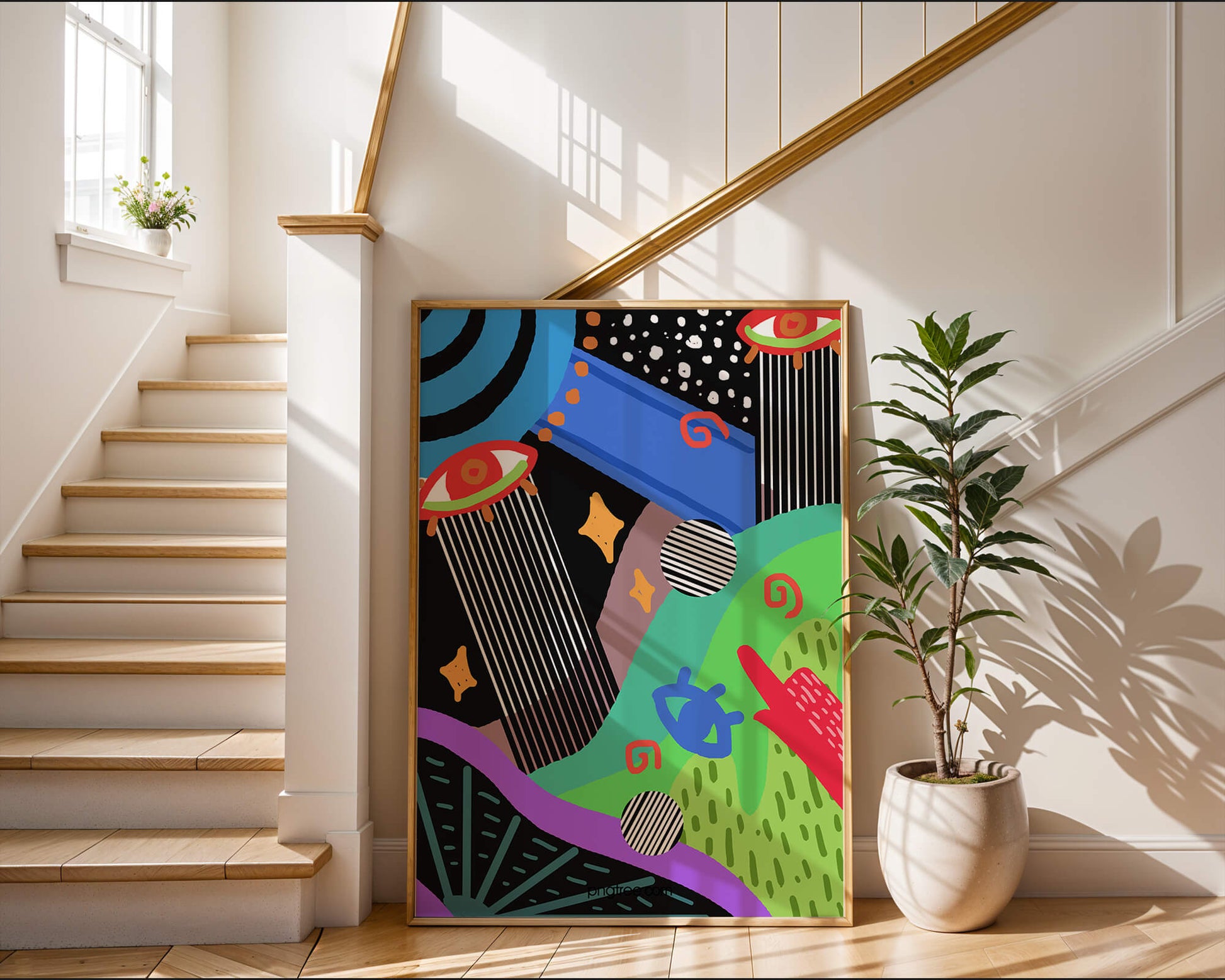 Œuvre d'art psychédélique abstraite colorée avec des formes géométriques et des yeux