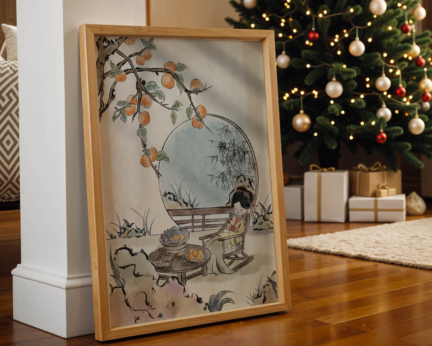 Tranquil garden scene with persimmons and serene figure