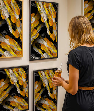 Abstract Composition with Yellow and White Feathers on a Black Background - Mi tienda