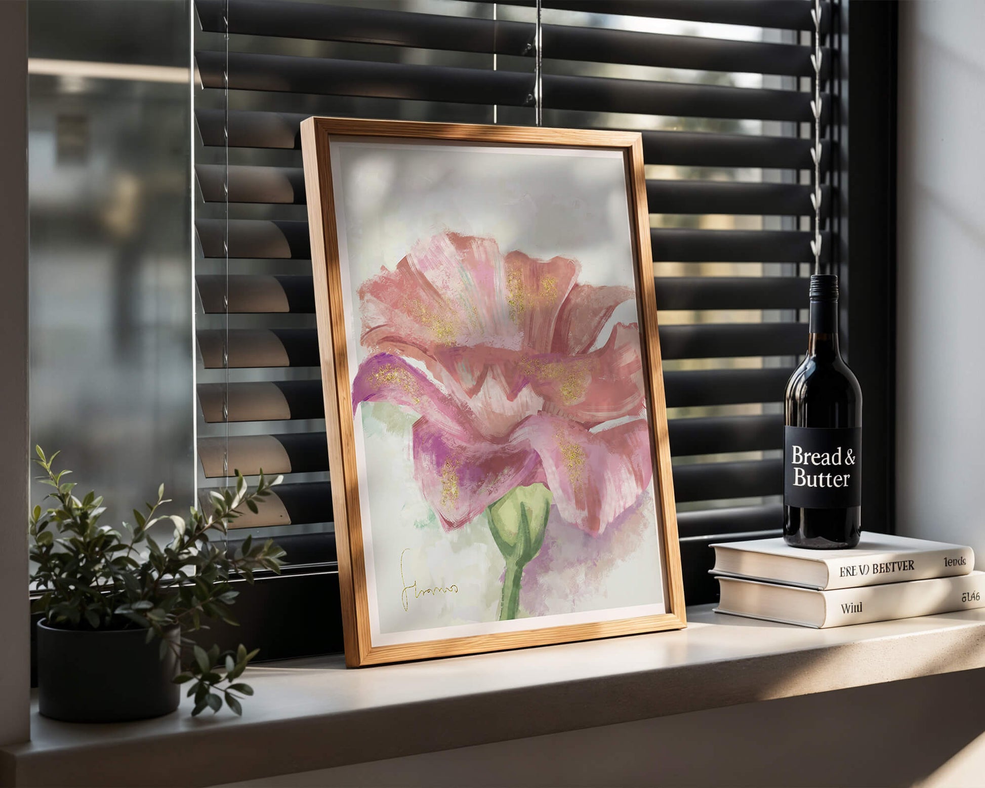 Beautiful pink flower painting with golden accents