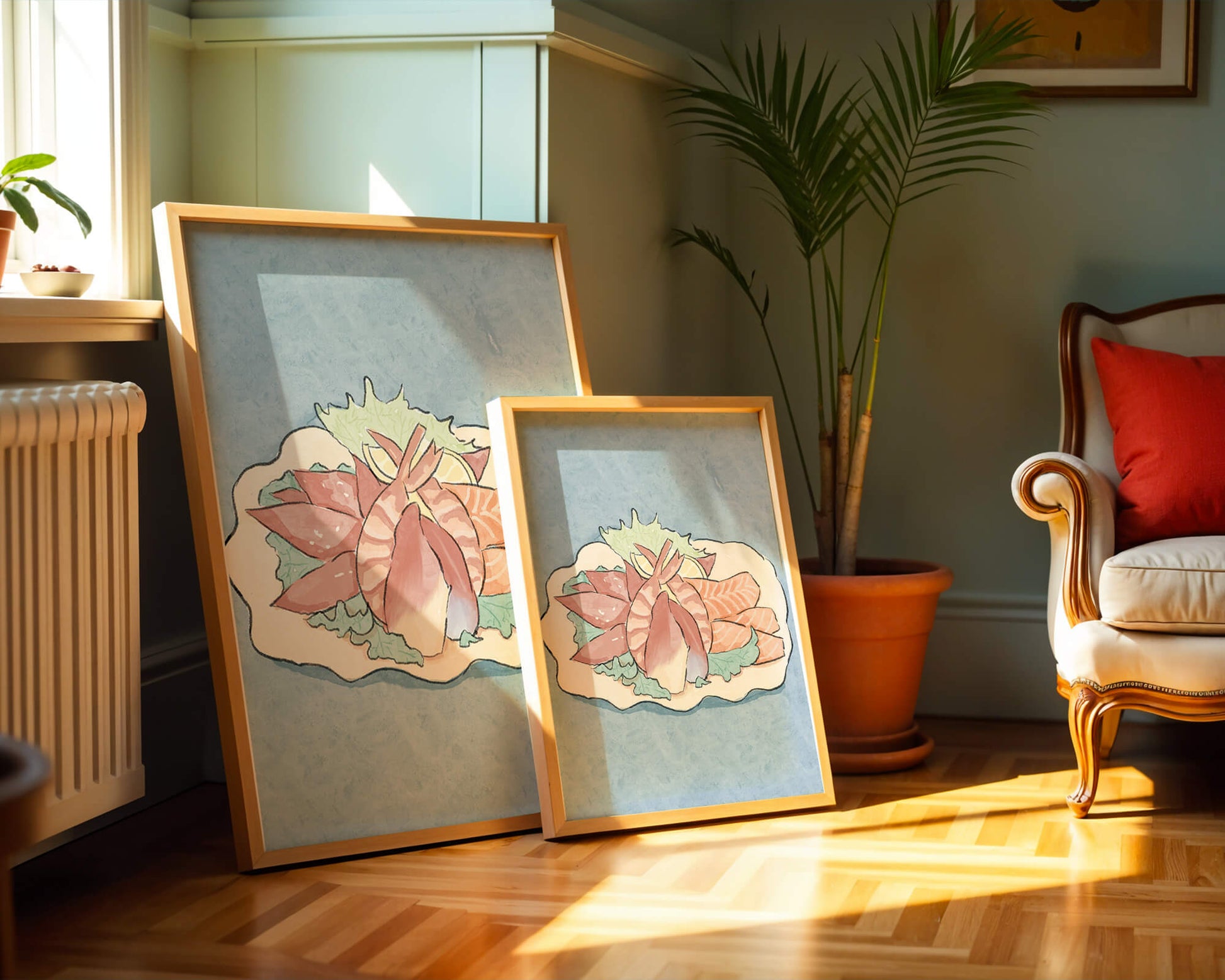 Illustration of seafood platter with shrimp and salmon on a decorative plate