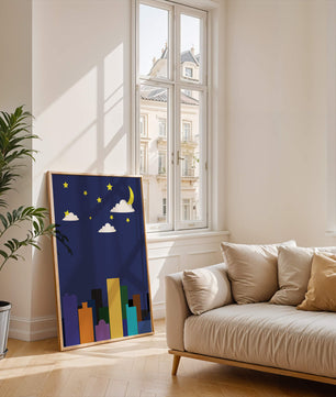 Night cityscape with colorful buildings and starry sky