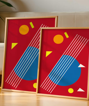 Formas geométricas abstractas con colores y líneas audaces