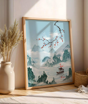 Chinese Landscape with Cherry Blossoms and Boat in Misty Mountains - Mi tienda