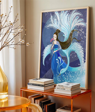 Elegant woman with floral motif and ethereal bird illustration