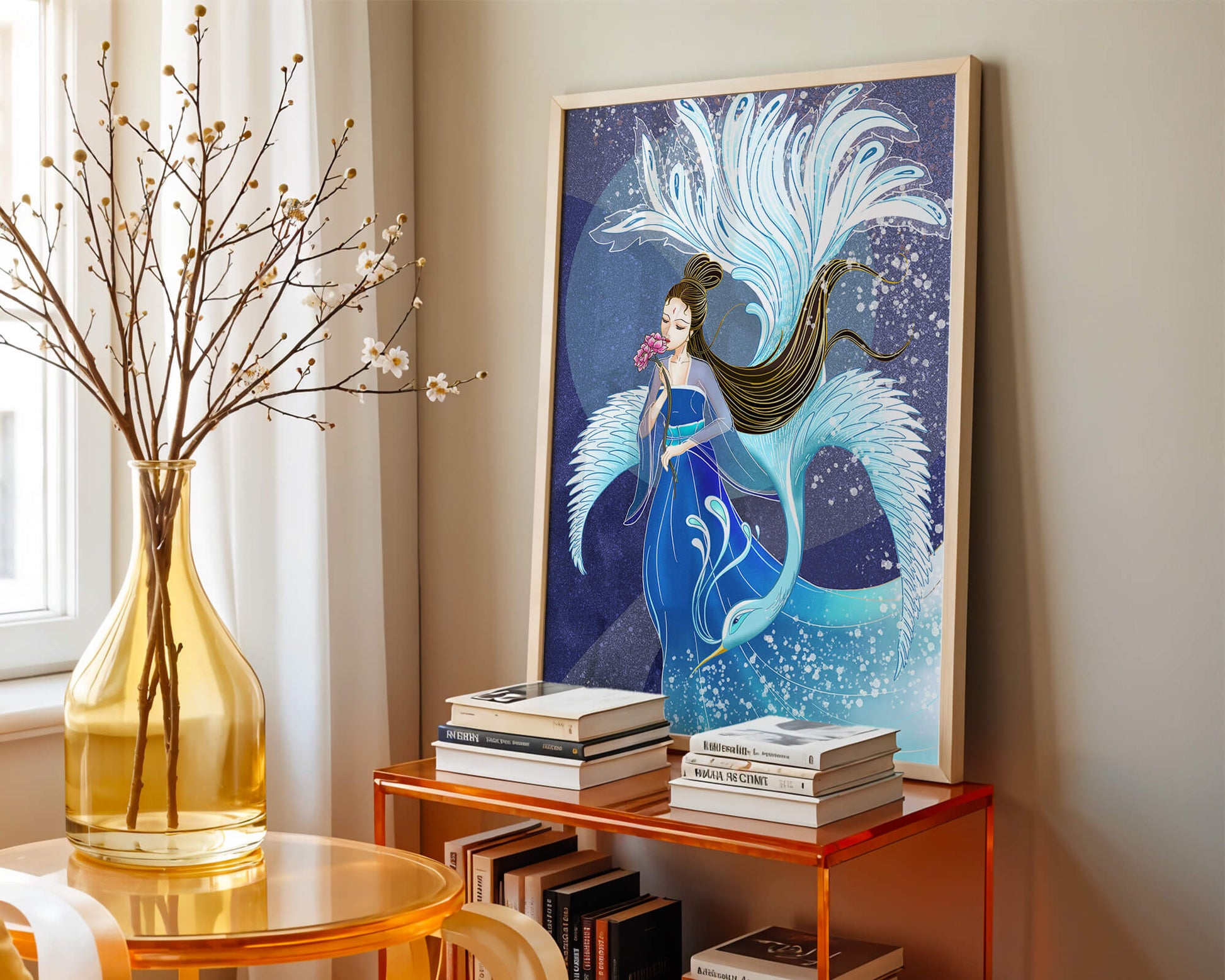 Elegant woman with floral motif and ethereal bird illustration