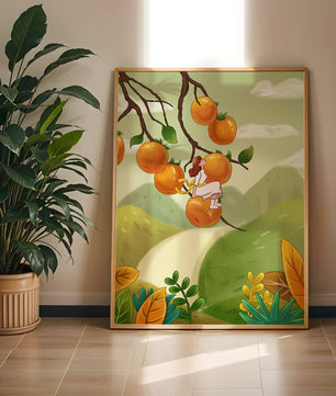 Femme assise sur un fruit orange dans un paysage surréaliste