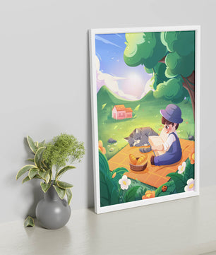 Peaceful outdoor picnic with child reading and cat napping under tree in sunny countryside
