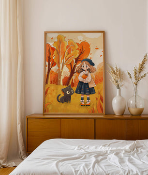 Girl with Cute Cat in Autumn Forest with Colorful Leaves