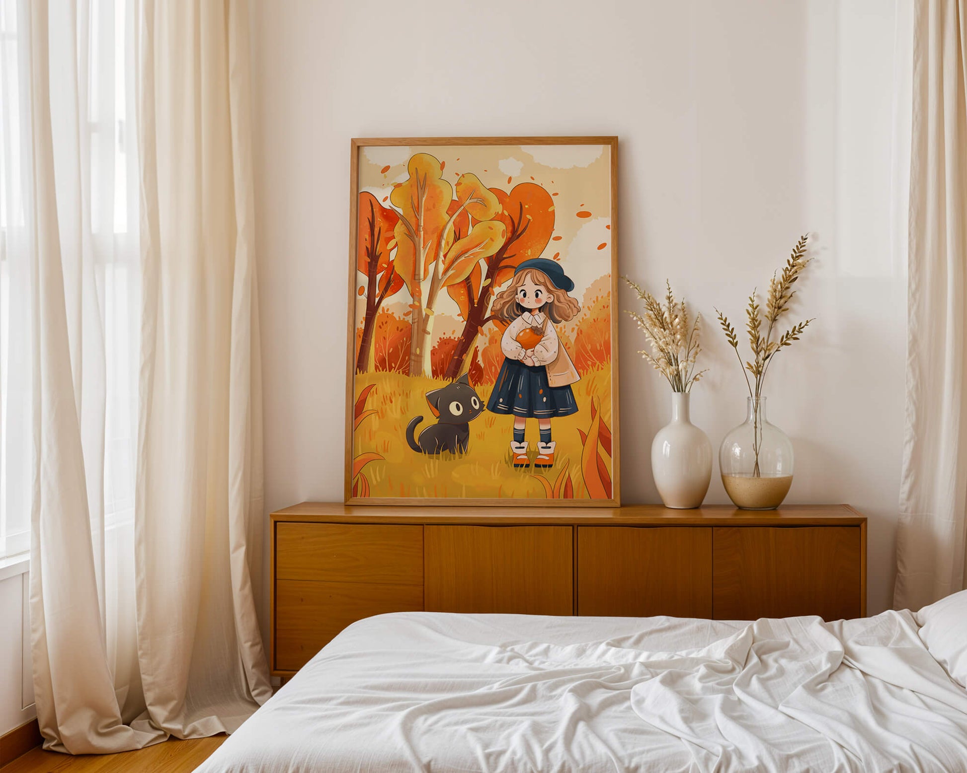 Girl with Cute Cat in Autumn Forest with Colorful Leaves