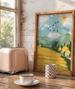 Sunny Countryside With Birds And Golden Fields