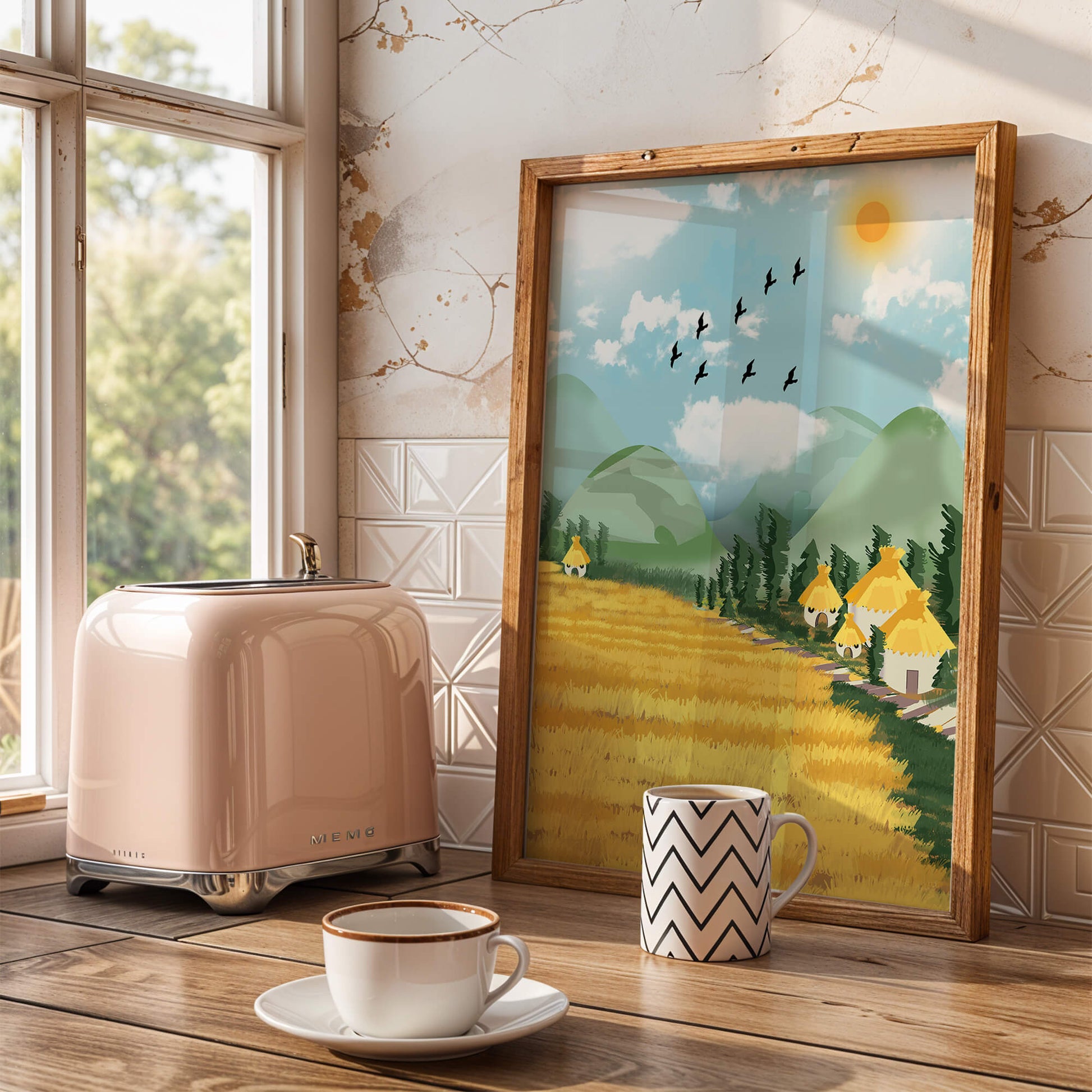 Sunny Countryside With Birds And Golden Fields