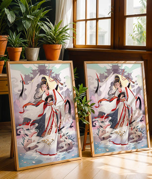 Elegant Asian Artistry with a Crane and Traditional Attire