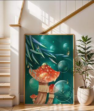 Whimsical forest scene with mushrooms and glowing bubbles