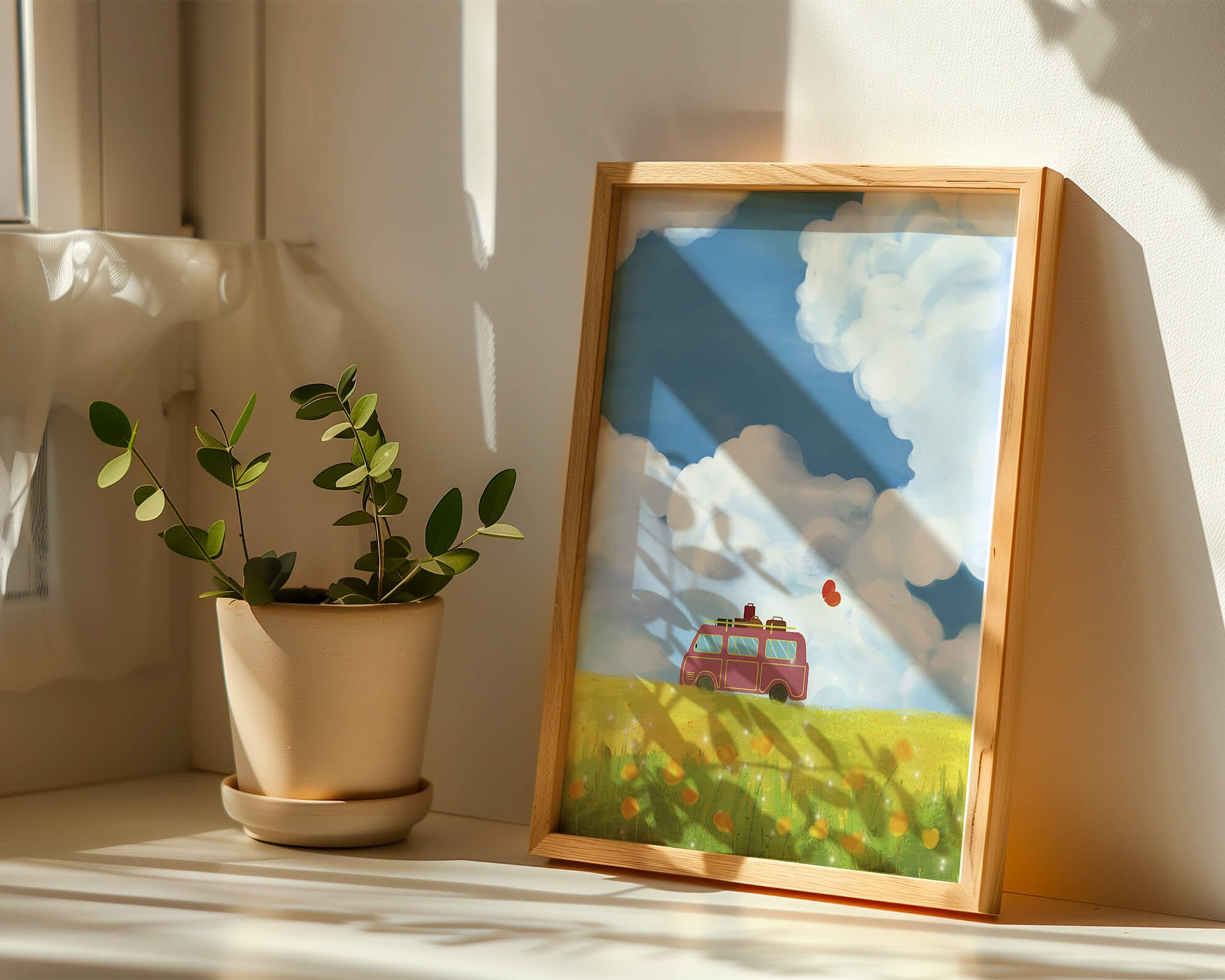 Colorful Van in a Vibrant Field with Balloons and Luggage