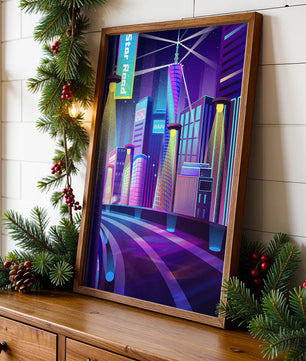 Futuristic Neon Cityscape with Illuminated Skyscrapers and Curved Road