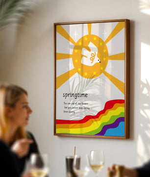 Colorful springtime illustration with dove and rainbow