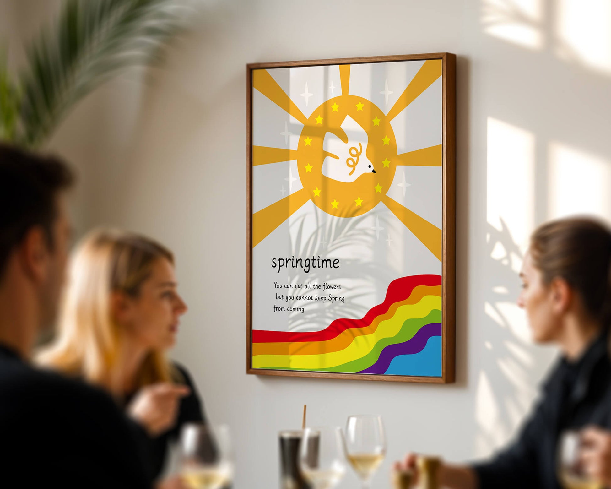 Colorful springtime illustration with dove and rainbow