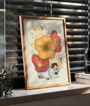 Charming Illustration of Children among Large Flowers with Playful Puppy