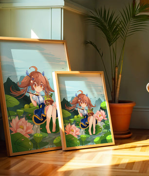 Chica de anime sentada en hojas de lirio con montañas al fondo