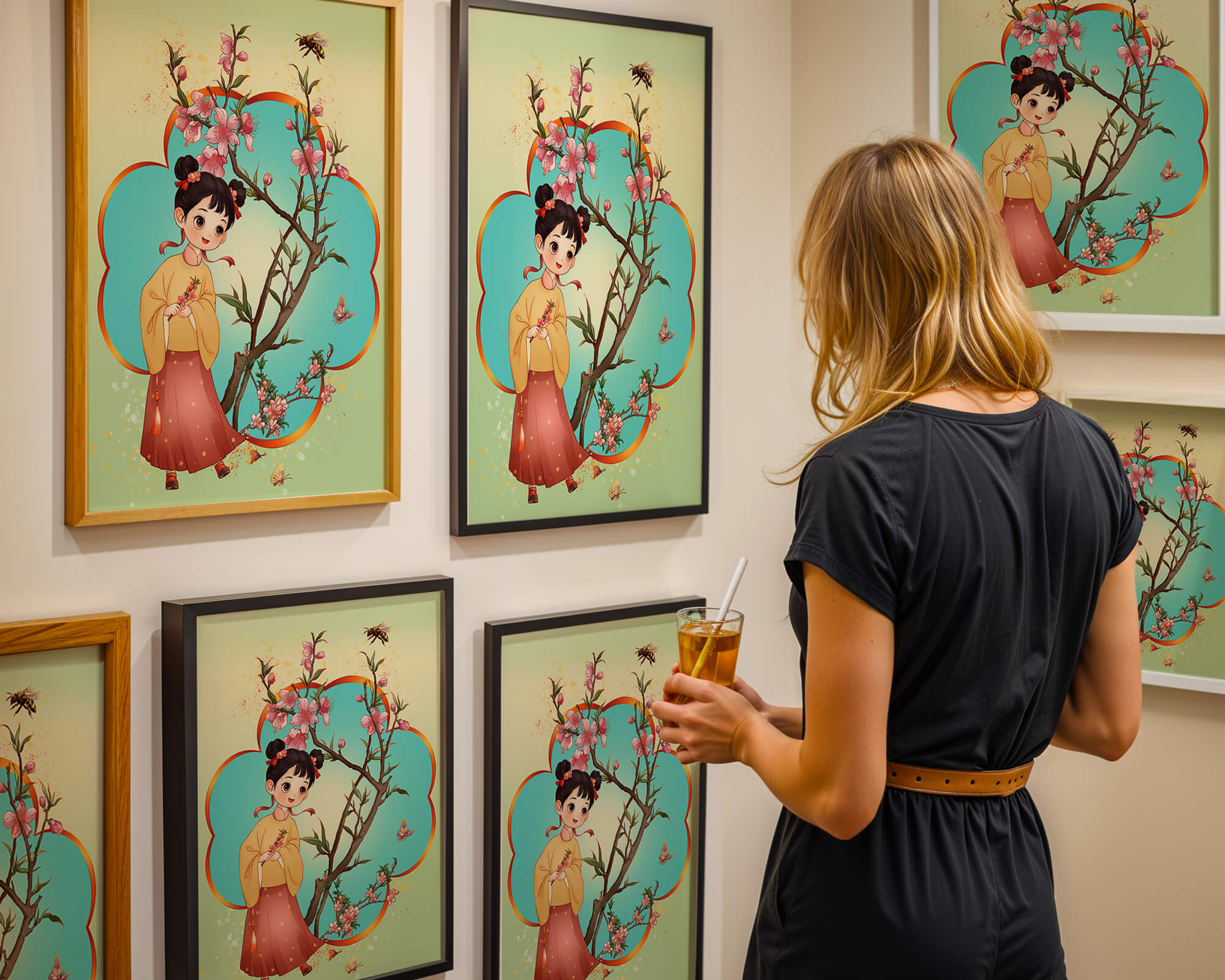 Illustration of a girl with cherry blossoms and butterflies