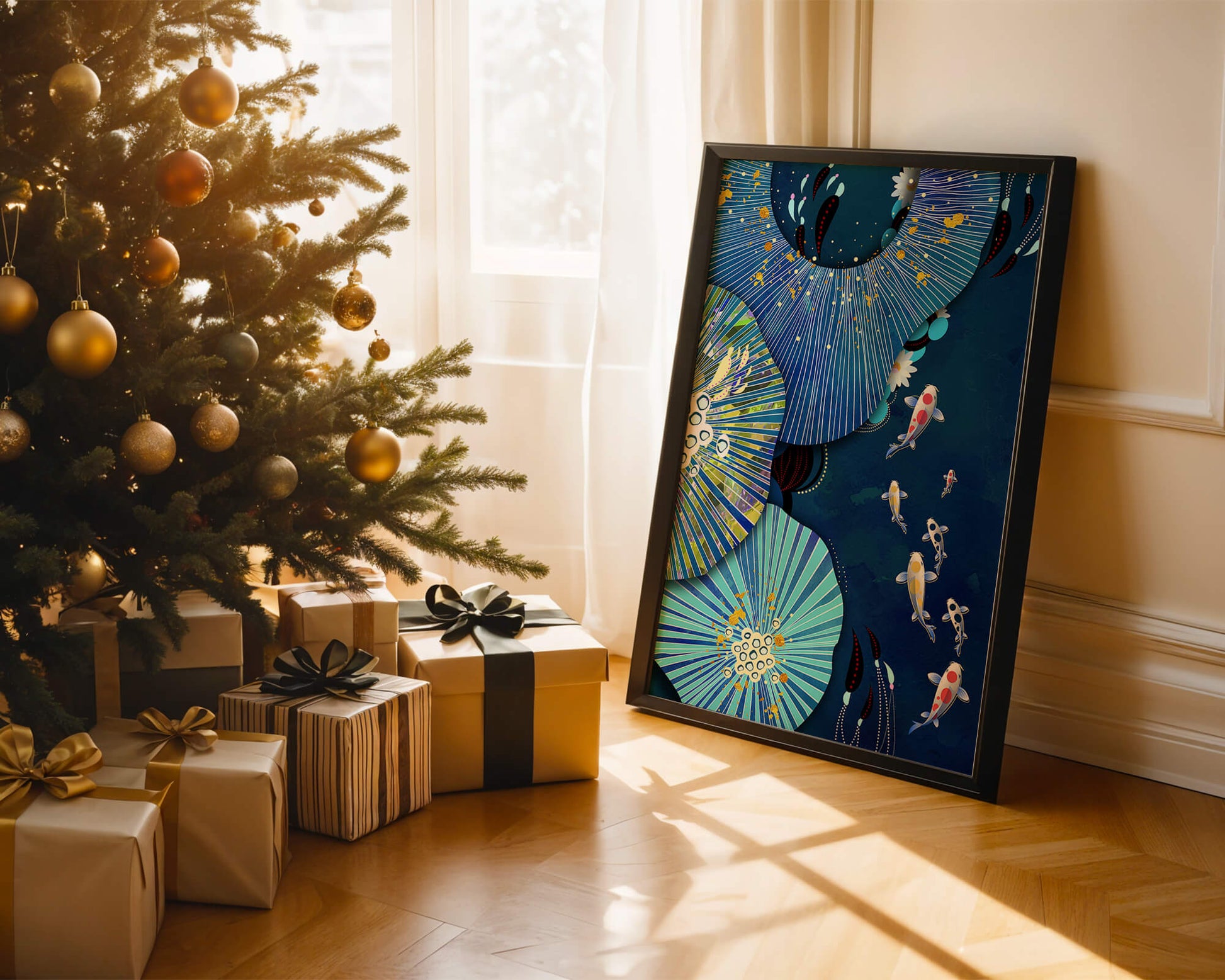 Vibrant underwater scene with koi fish and abstract floral design