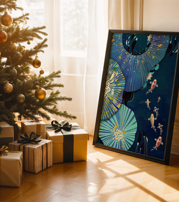 Vibrant underwater scene with koi fish and abstract floral design
