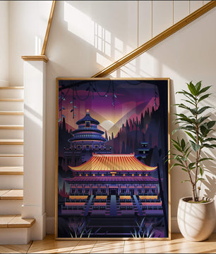 Neon Asian Temple at Sunset in Stylized Landscape