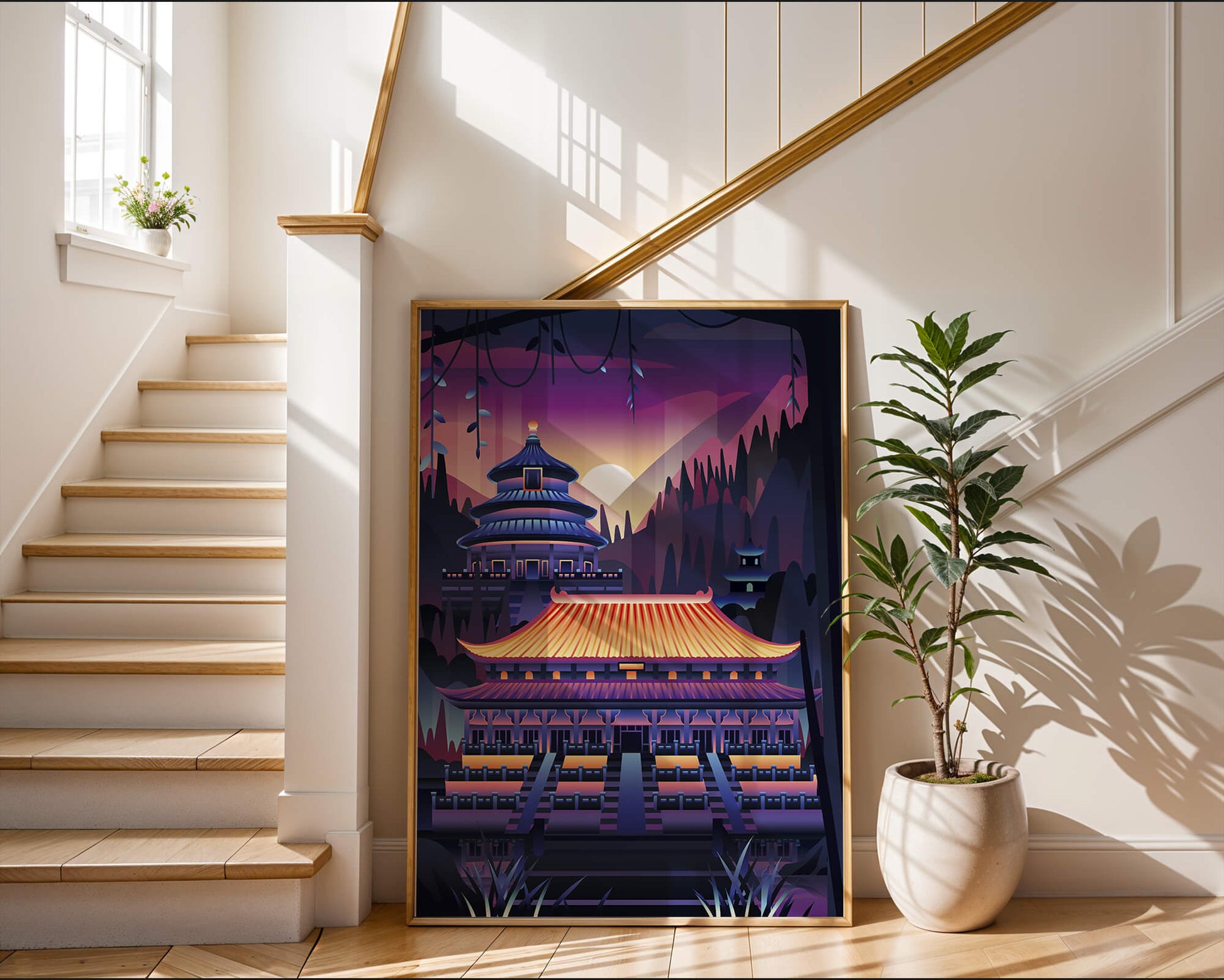 Neon Asian Temple at Sunset in Stylized Landscape