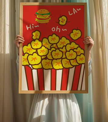 Playful illustration of popcorn and burger characters on a red background