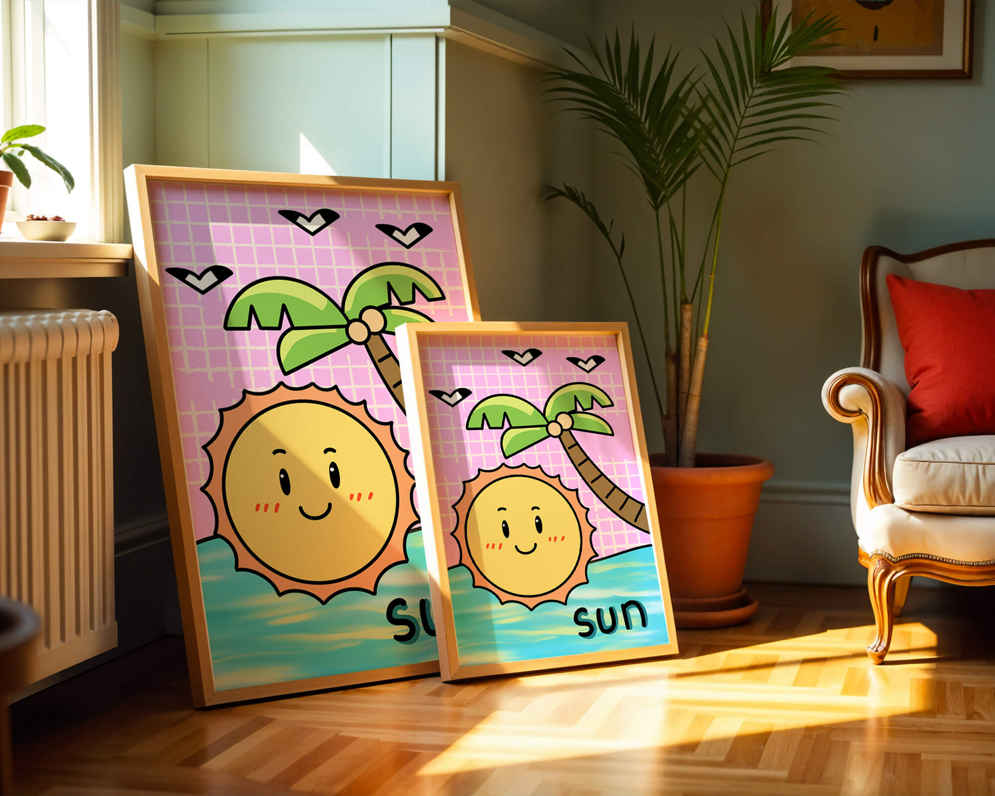 Cartoon sun with palm tree and ocean scene
