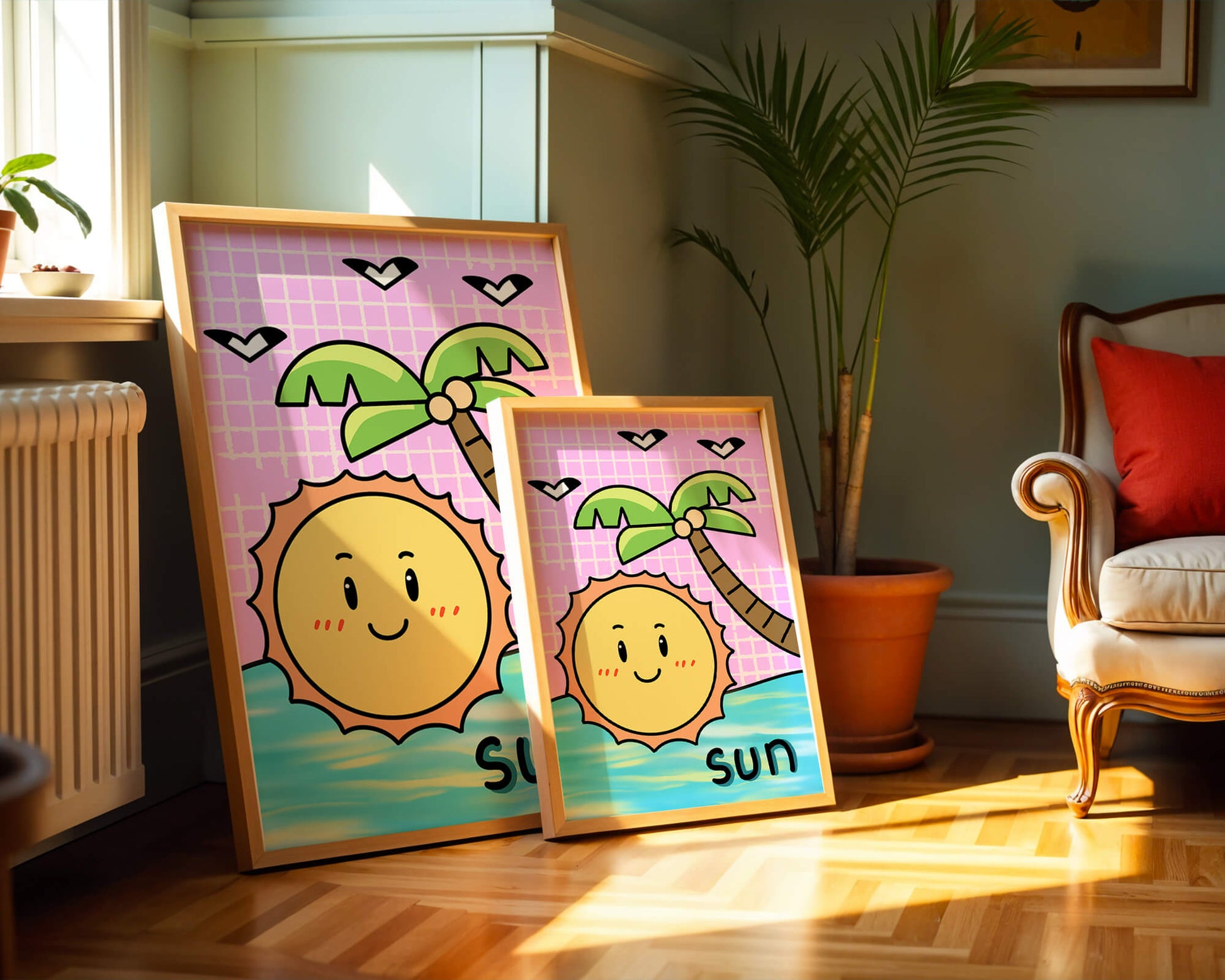 Cartoon sun with palm tree and ocean scene
