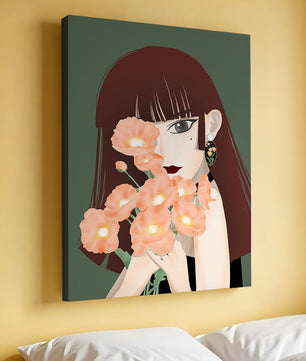 Porträt einer Frau mit Blumenstrauß und elegantem Ohrring