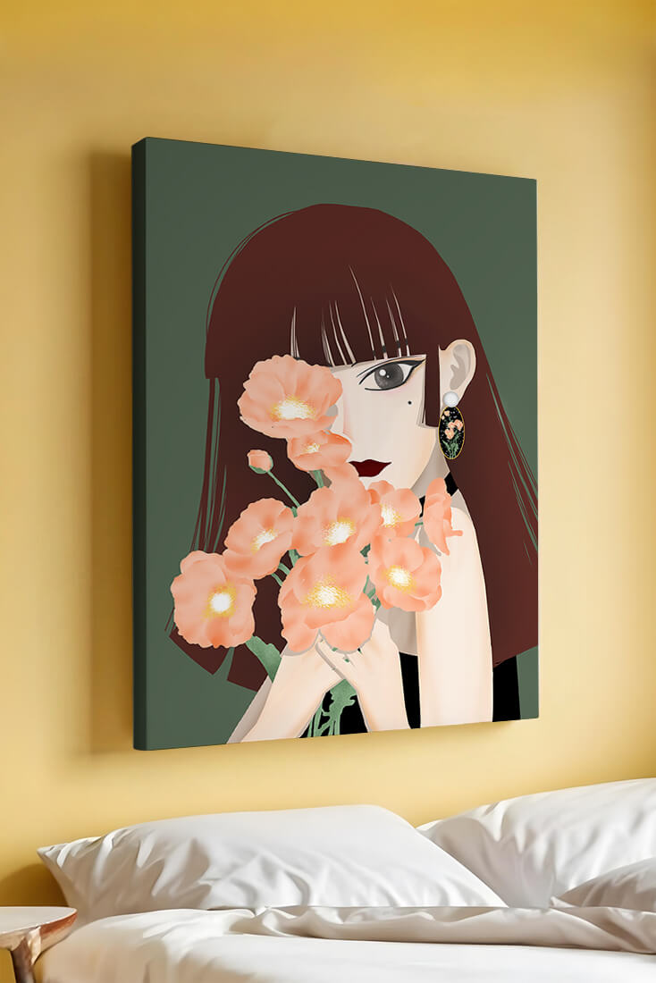 Porträt einer Frau mit Blumenstrauß und elegantem Ohrring