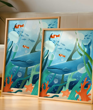 Underwater scene with whale, fish, and sea plants illustration