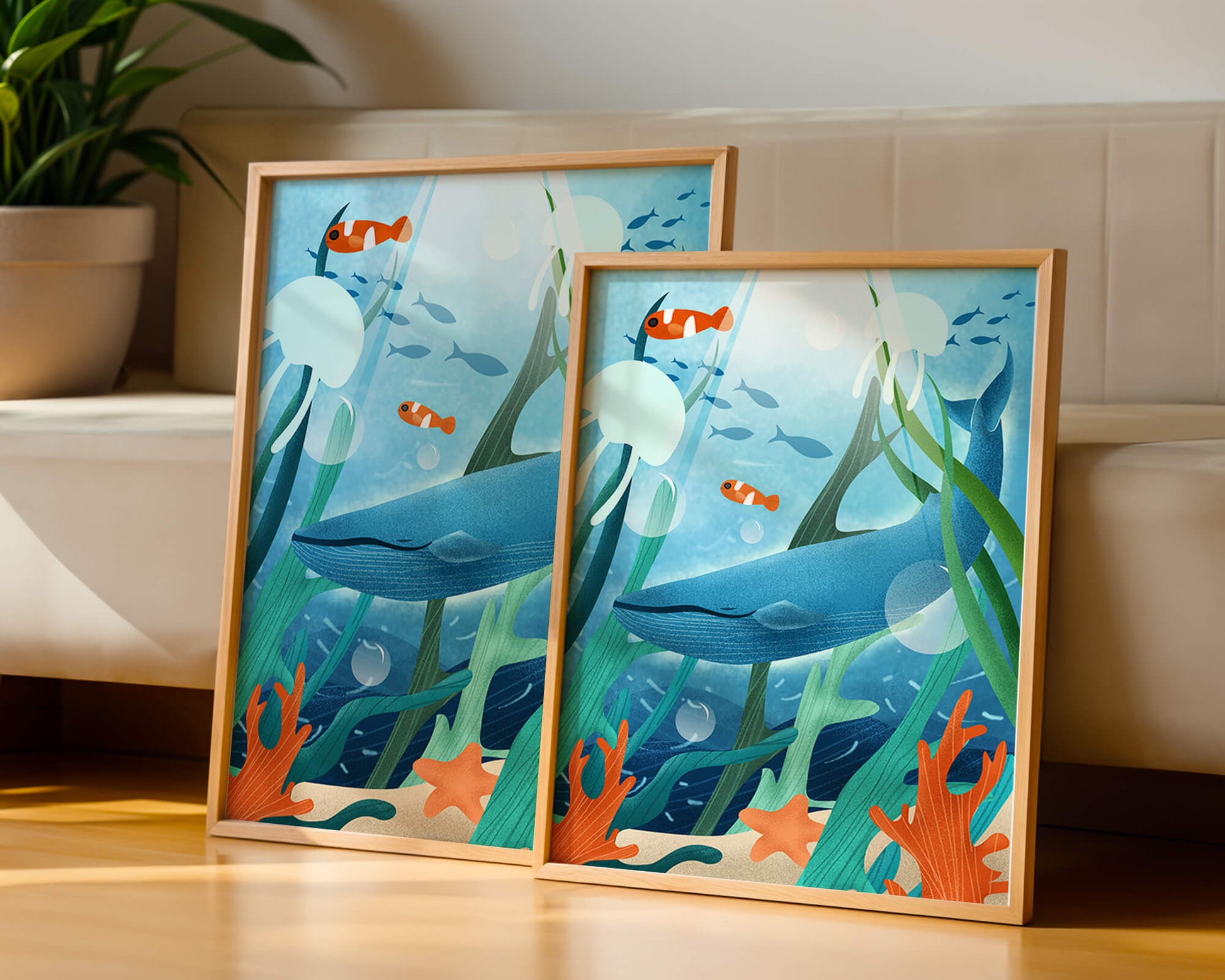 Underwater scene with whale, fish, and sea plants illustration