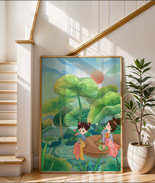 Charming illustration of children on a boat in a lush lotus pond