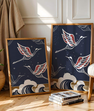 Illustrative cranes flying over ocean waves with dark background