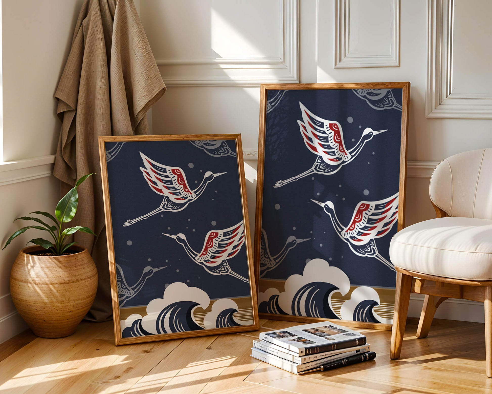 Illustrative cranes flying over ocean waves with dark background