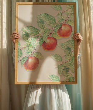 Ilustración de manzanas en la rama de un árbol con hojas verdes