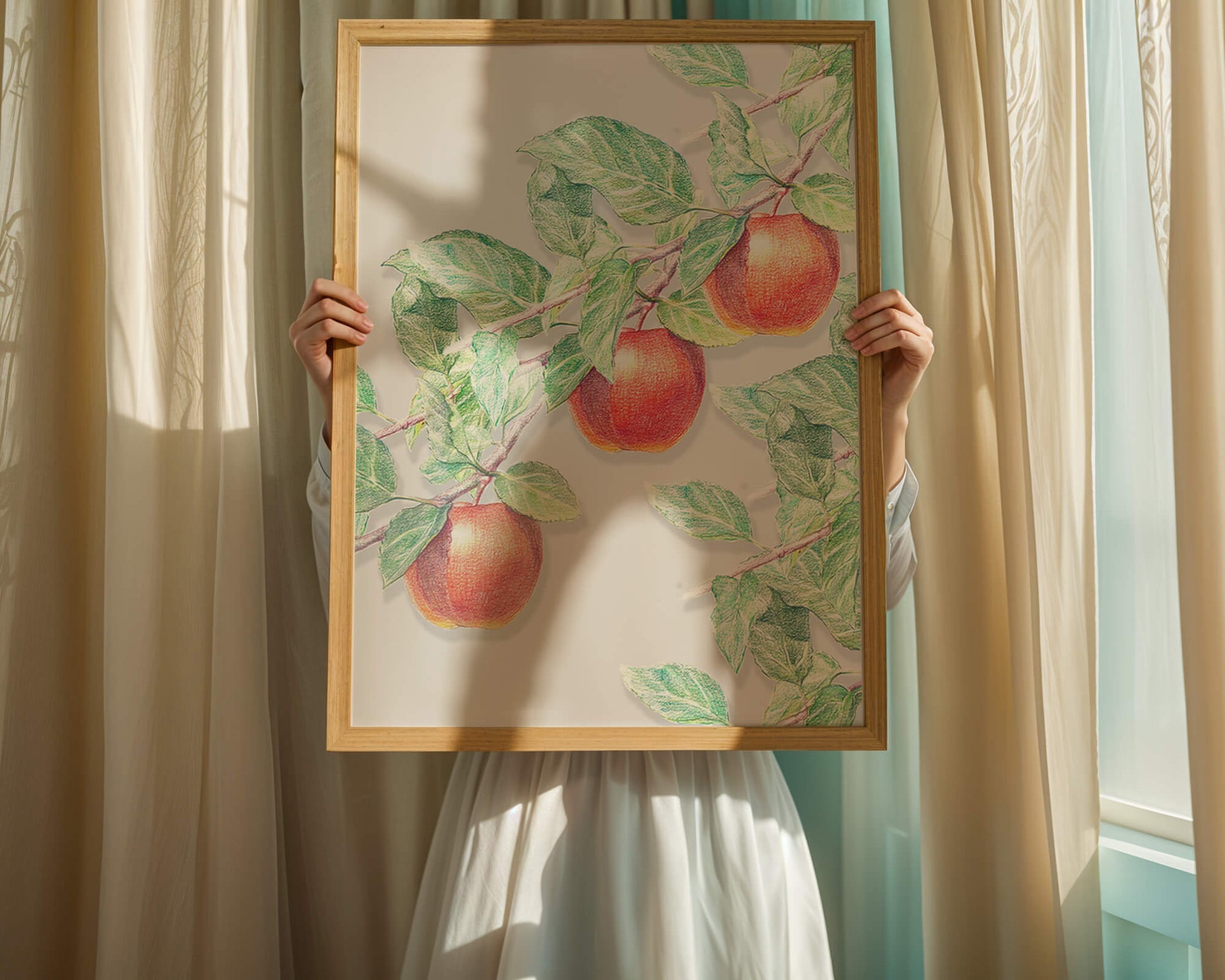 Illustration of Apples on a Tree Branch with Green Leaves