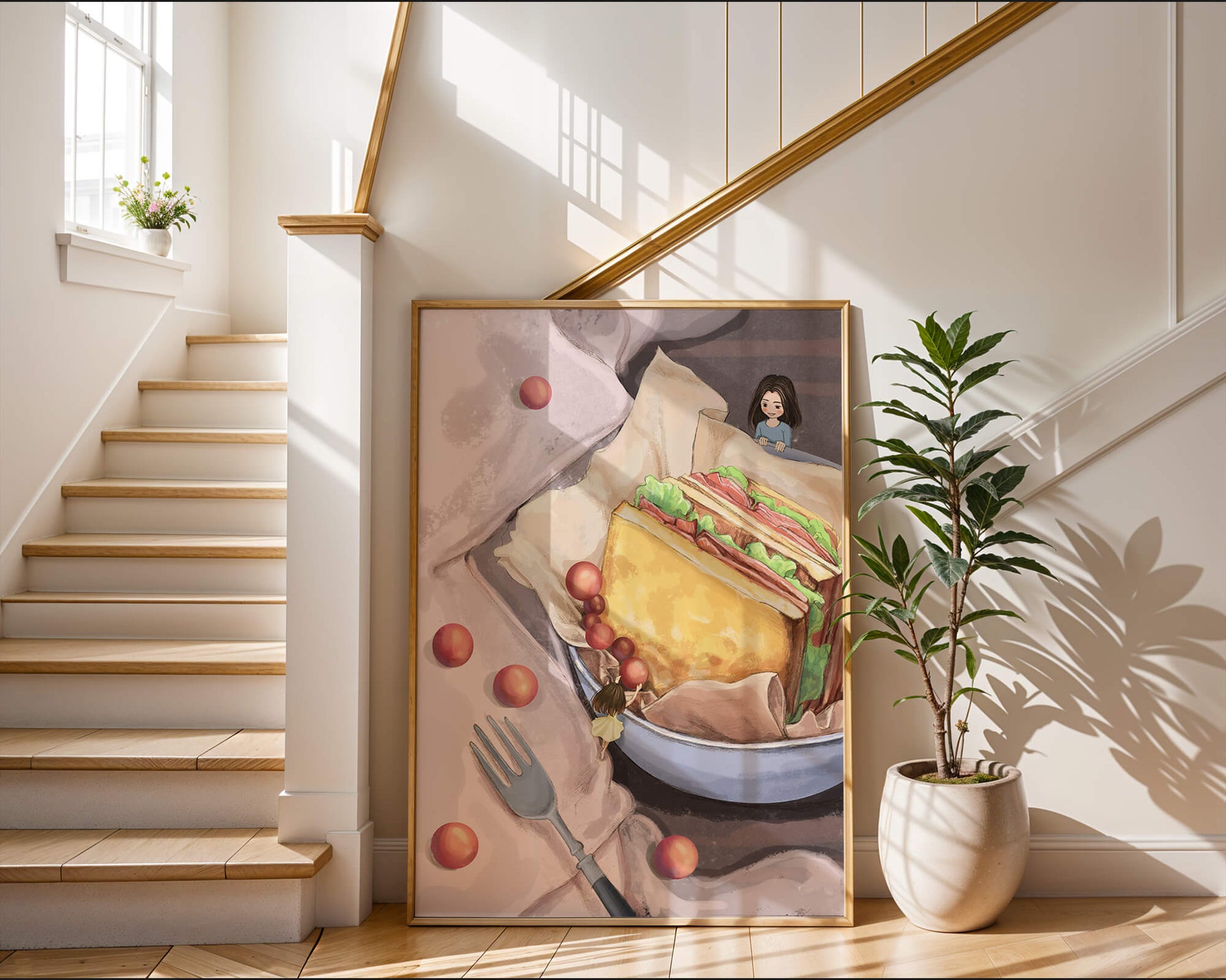 Niñas miniatura caprichosas cerca de un sándwich con tomates y tenedor